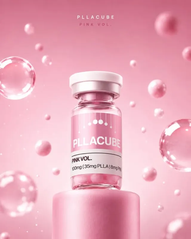 Lọ PLLACUBE PiNk VOL. 100mg với nhãn hồng trên nền hồng cùng các bong bóng trong suốt