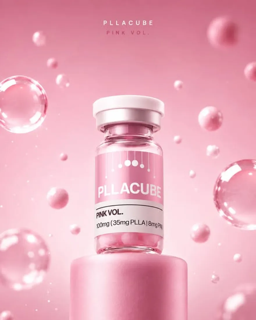Lọ PLLACUBE PiNk VOL. 100mg với nhãn hồng trên nền hồng cùng các bong bóng trong suốt