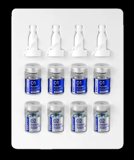 Close-up of SKINPHILIA EXOMUNE BOOSTER powder and solution vials in box